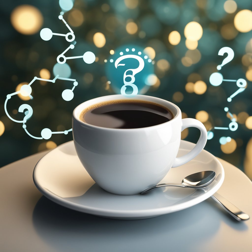 A coffee cup sits next to a hormone molecule, with a question mark hovering above