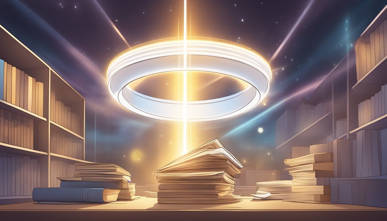 A glowing halo hovers above a stack of papers labeled "Frequently Asked Questions 1111 엔젤넘버," while beams of light radiate outward