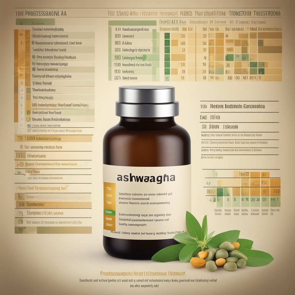 A bottle of ashwagandha surrounded by testosterone-boosting herbs and a testosterone level chart