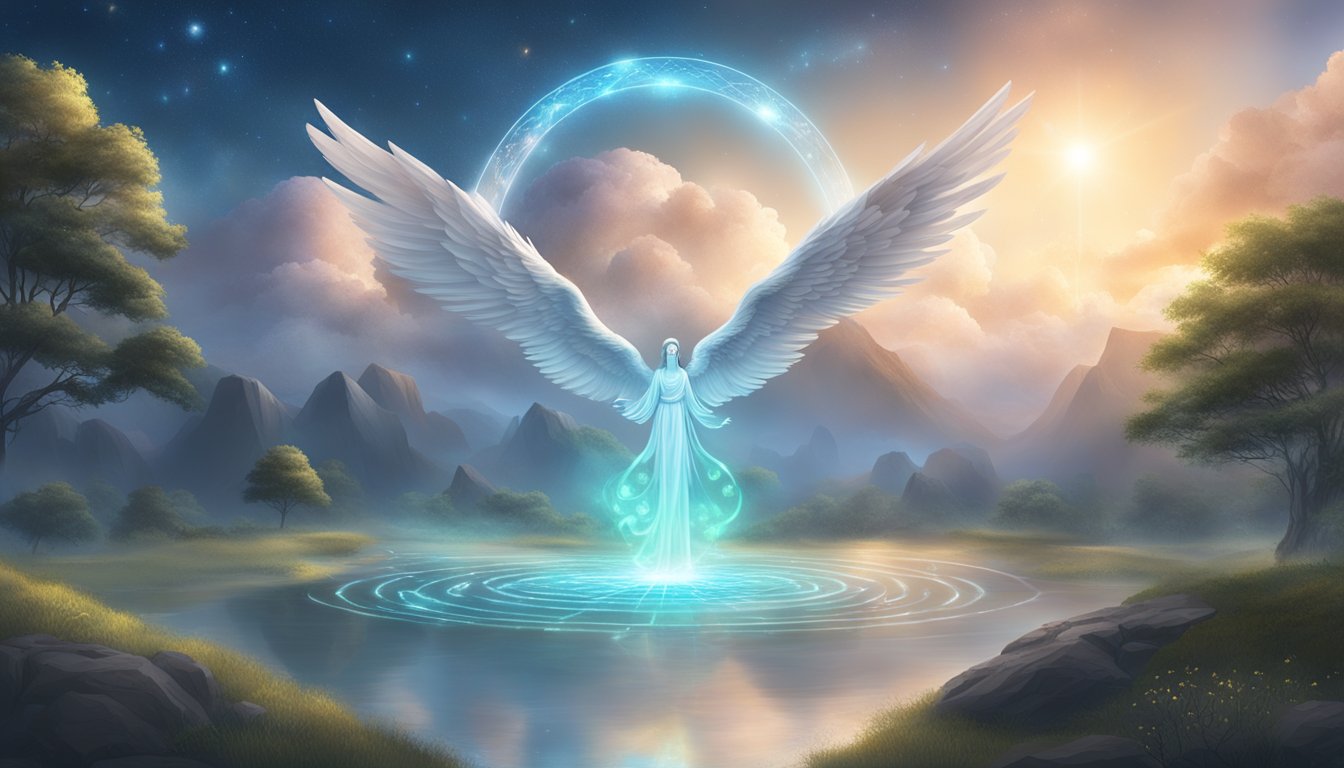A serene landscape with a glowing 1144 Angel Number floating in the sky, surrounded by ethereal energy and celestial symbols