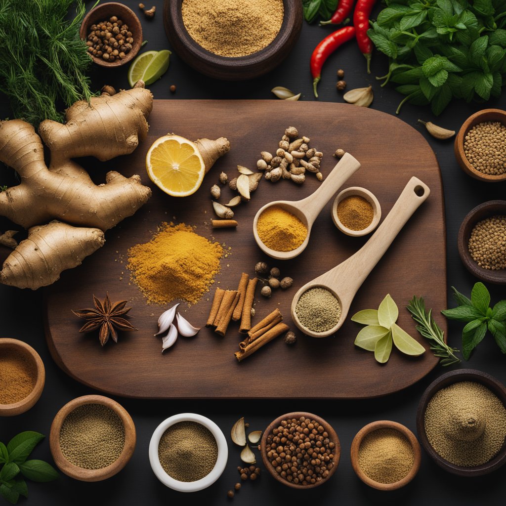 A ginger root sits on a wooden cutting board, surrounded by scattered spices and herbs. A mortar and pestle are nearby, hinting at preparation