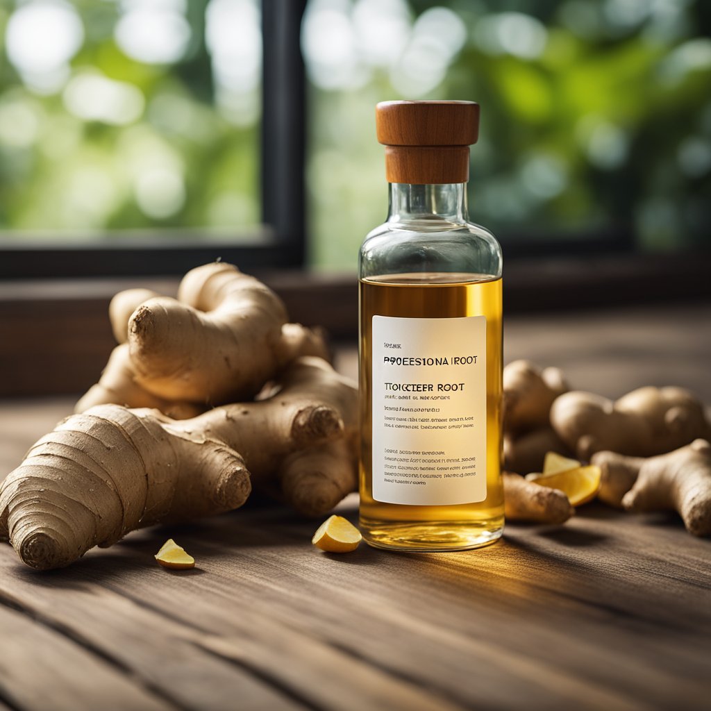 A ginger root sits next to a bottle of testosterone, symbolizing their potential connection
