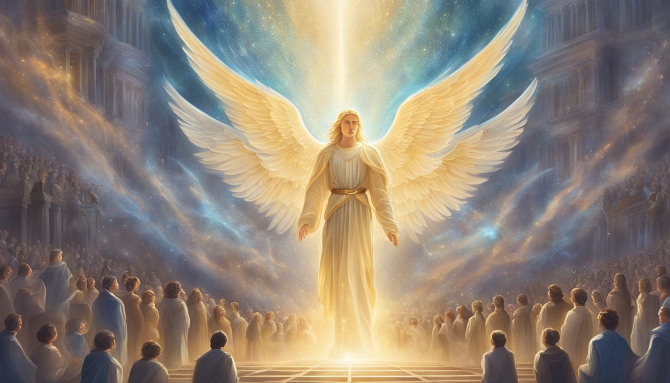 A glowing angelic figure hovers above a crowd, surrounded by swirling numbers and symbols, emanating a sense of wisdom and guidance