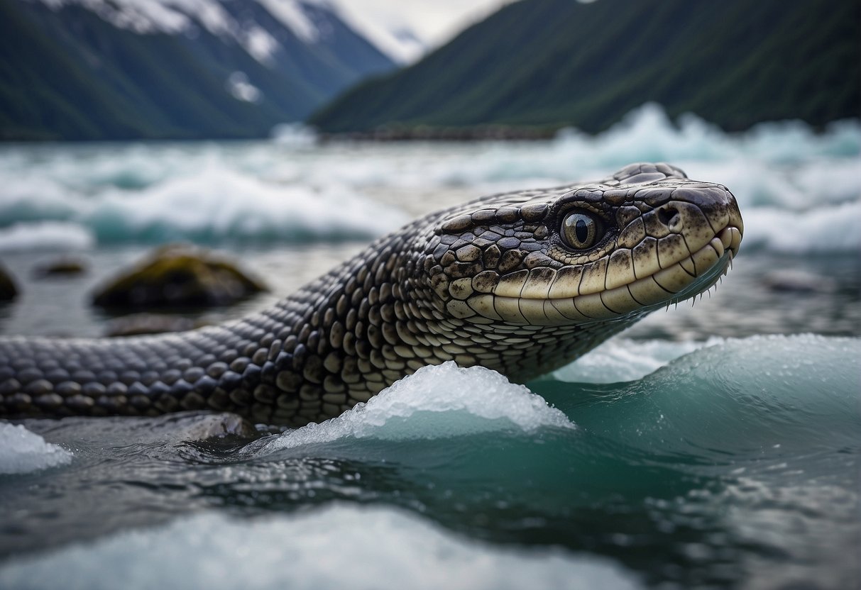 A massive, slithering creature emerges from the icy waters of an Alaskan fjord, its enormous body coiled and ready to strike