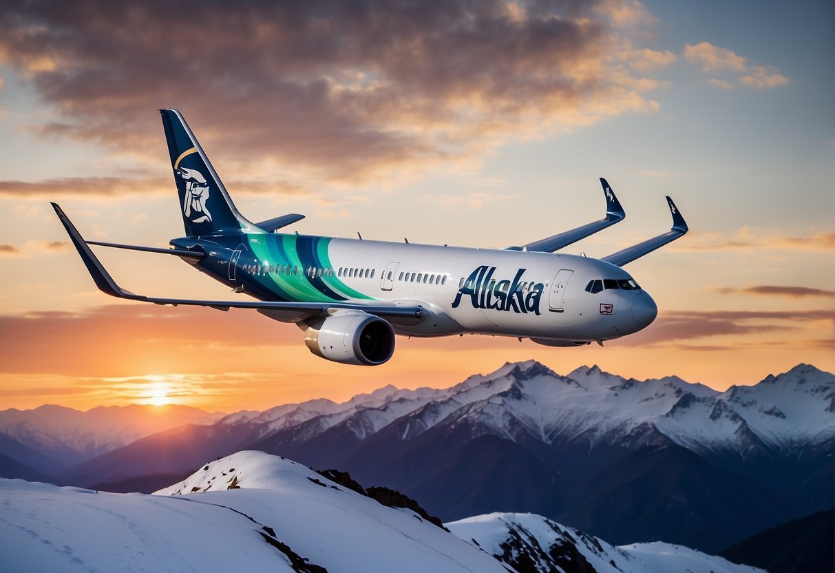 An Alaska Airlines plane flying low over a snow-capped mountain range, with a colorful sunset in the background