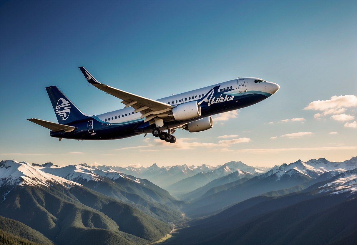 A plane flying over a mountainous landscape with a clear blue sky, showcasing Alaska Airlines' affordable pricing strategy