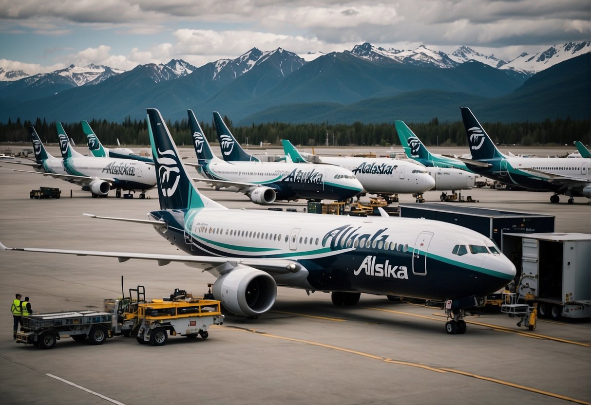 Alaska Airlines' planes lined up on the tarmac, being loaded with cargo and passengers efficiently. Ground crew and equipment working in sync