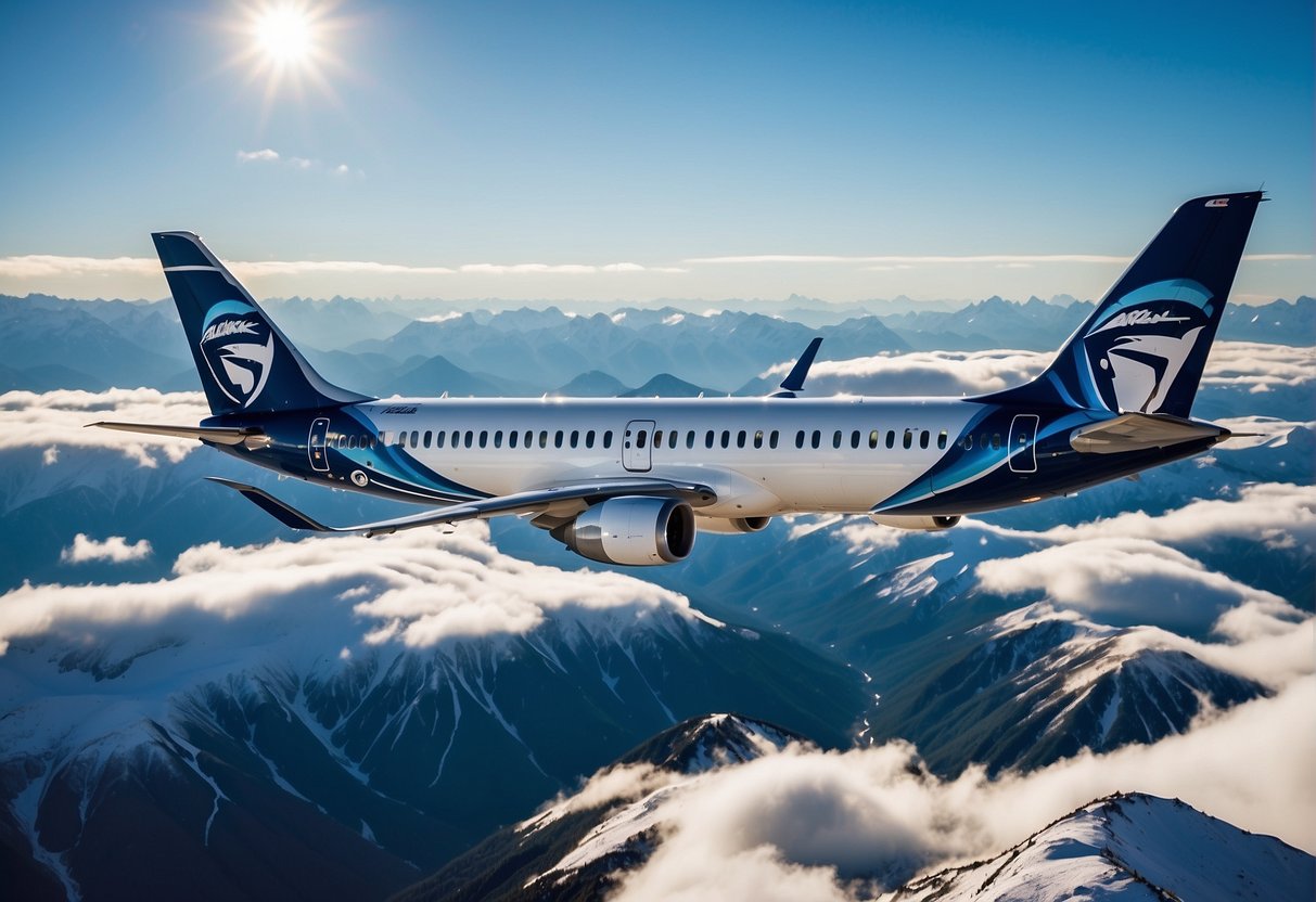 An Alaska Airlines plane flying low over snow-capped mountains with a bright blue sky in the background