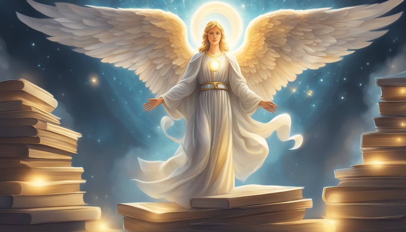 A glowing angelic figure hovers above a stack of frequently asked questions, radiating a sense of guidance and wisdom