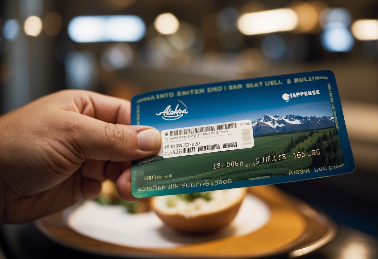 A person receiving and reading an Alaska Airlines meal voucher, then using it to purchase food at a participating airport restaurant