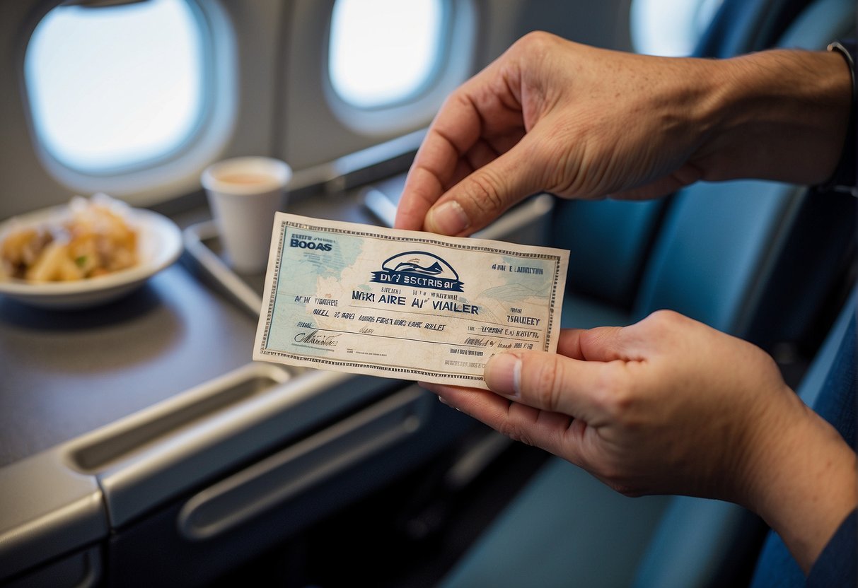 A passenger hands over a meal voucher to a flight attendant on an Alaska Airlines plane. The attendant scans the voucher and hands the passenger a meal