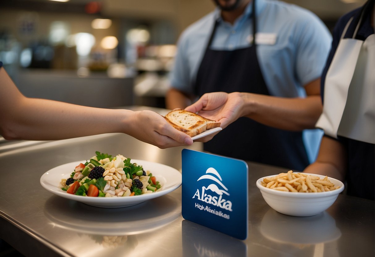 An Alaska Airlines meal voucher being handed over at a food counter with a staff member assisting a customer