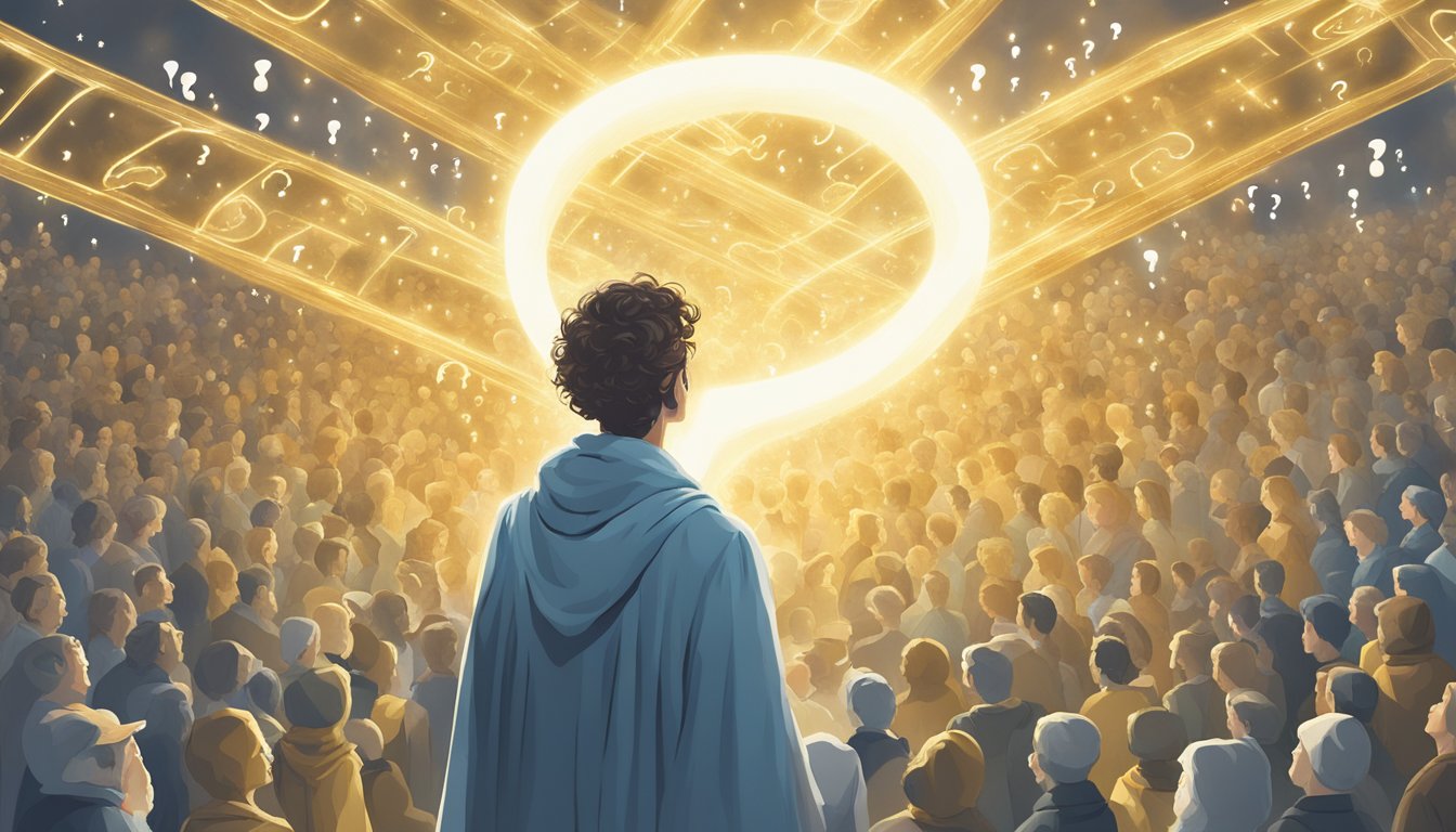 A haloed angelic figure hovers above a crowd, surrounded by glowing numbers and question marks