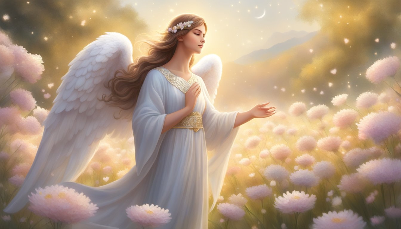 A serene angelic figure stands amidst a field of blooming flowers, surrounded by a soft glow and a sense of tranquility