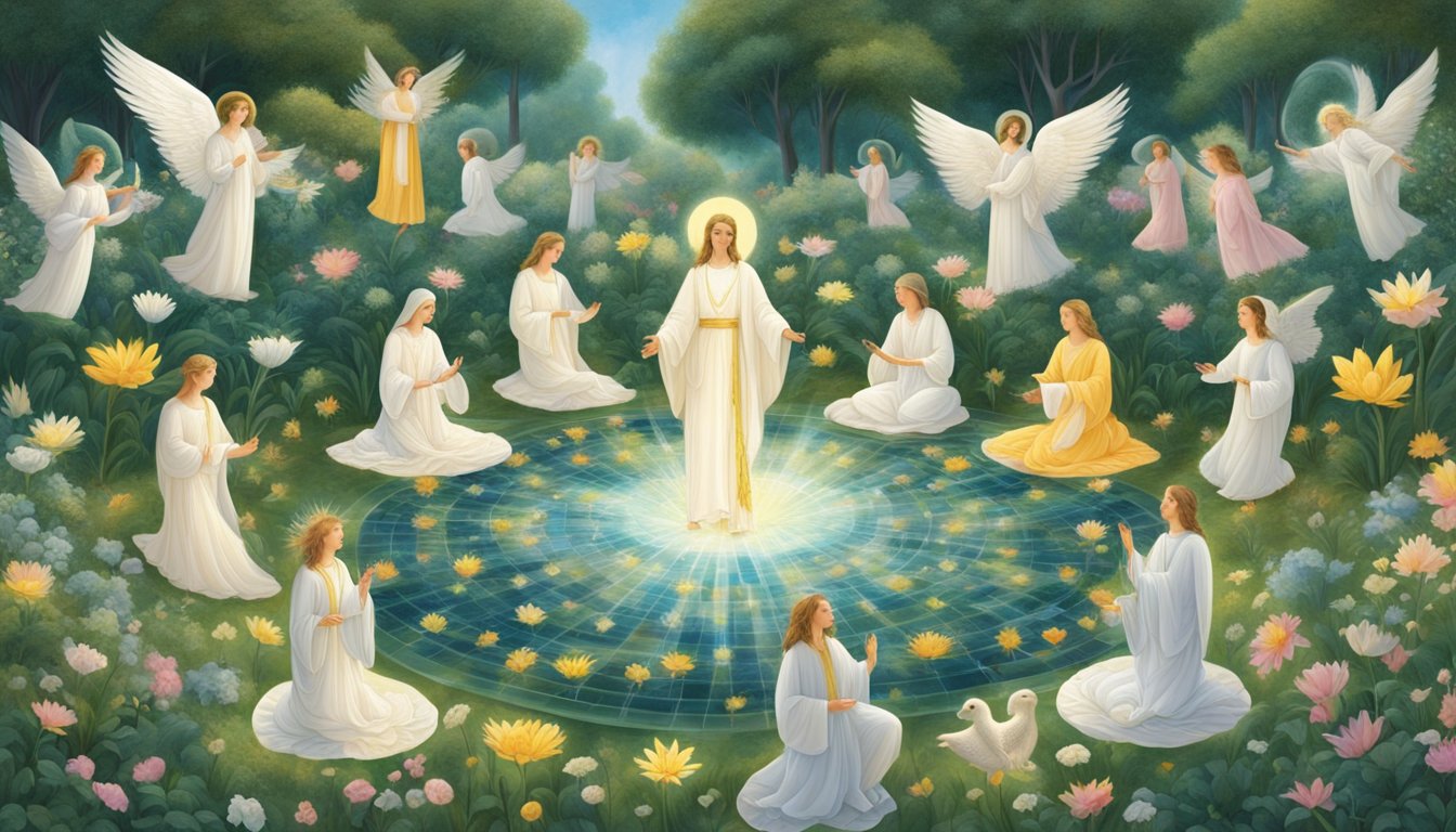 A serene garden with 22 angelic figures, each holding a unique number, radiating a sense of transformation and enlightenment