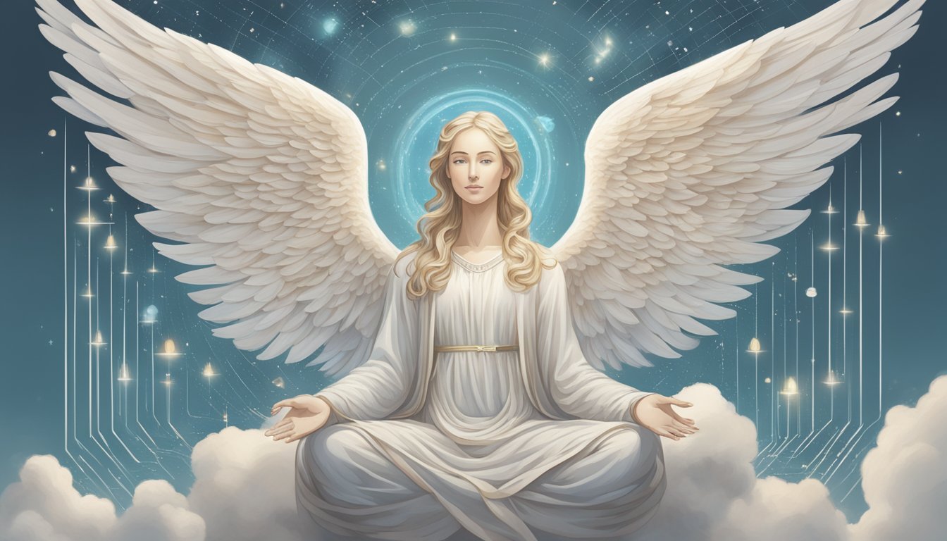 A serene angelic figure surrounded by floating numbers and a list of frequently asked questions