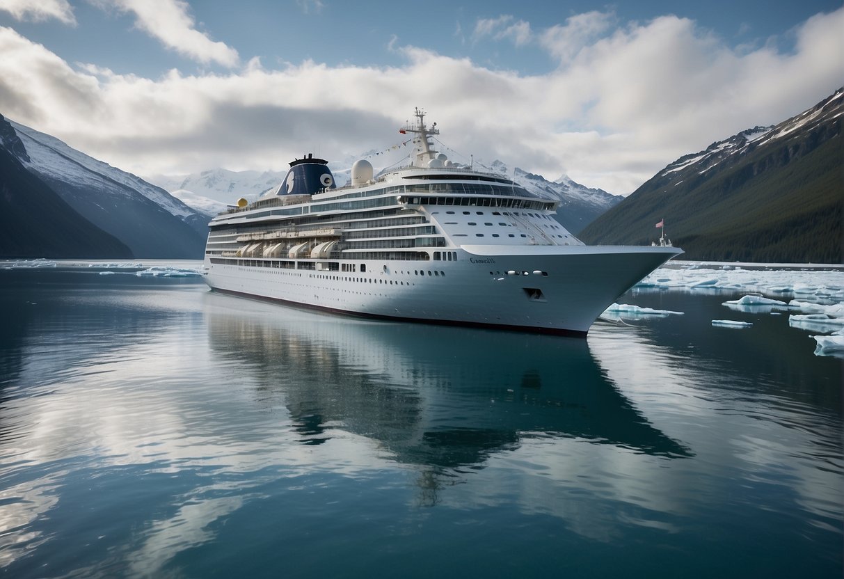 A cruise ship sails through icy Alaskan waters, surrounded by snow-capped mountains and glaciers. Wildlife, including whales and seals, can be seen swimming in the frigid ocean