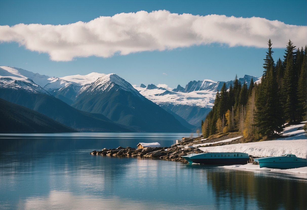 A serene Alaskan fjord with a cruise ship anchored in the distance, surrounded by snow-capped mountains and pristine blue waters