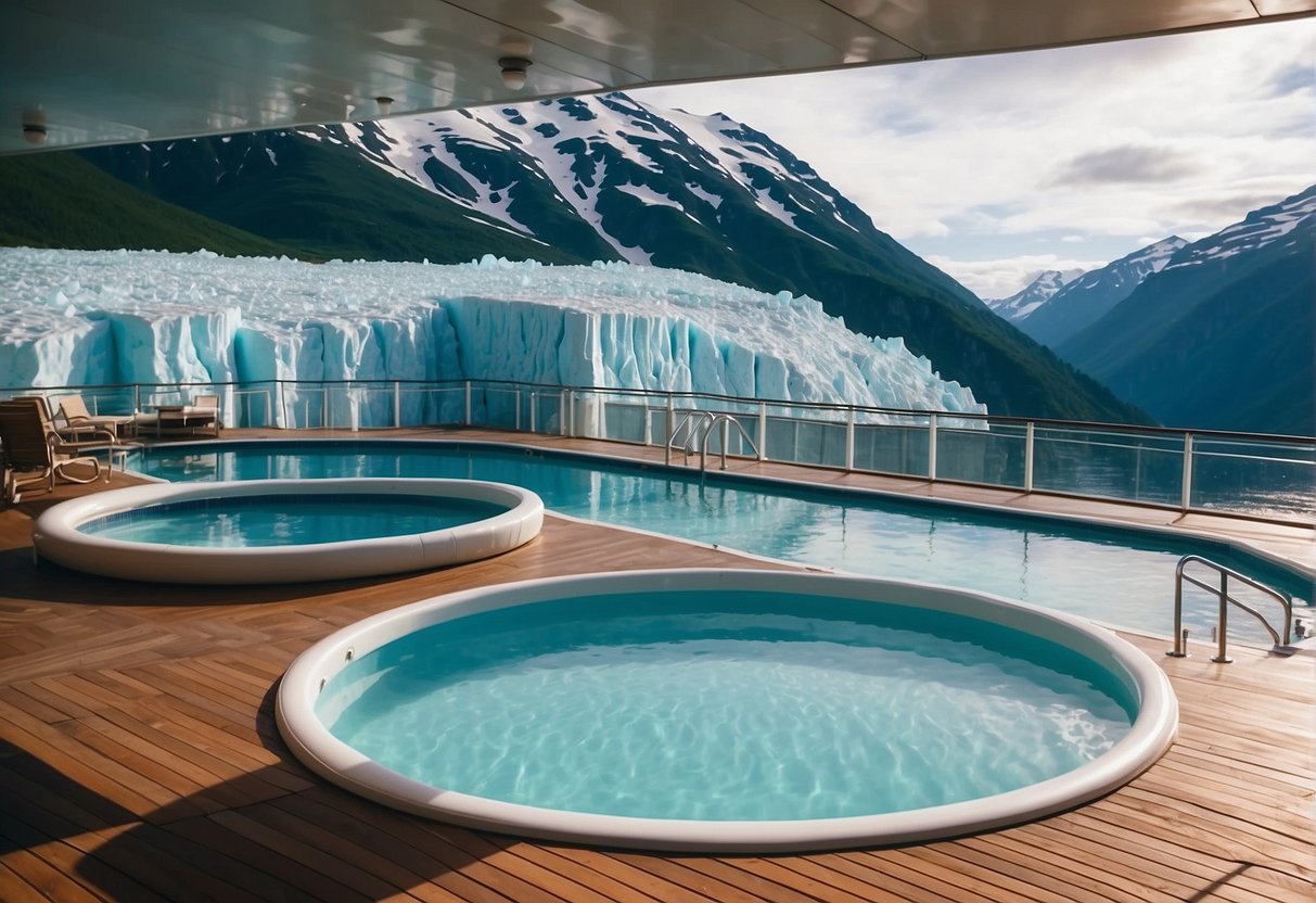 A luxurious pool with a view of icy glaciers, surrounded by deck chairs and a hot tub, on a modern cruise ship in Alaska