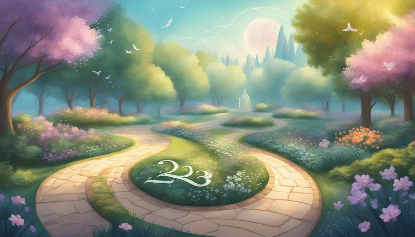 A serene garden with a winding path leading to a glowing number "2222" surrounded by ethereal, floating angelic figures