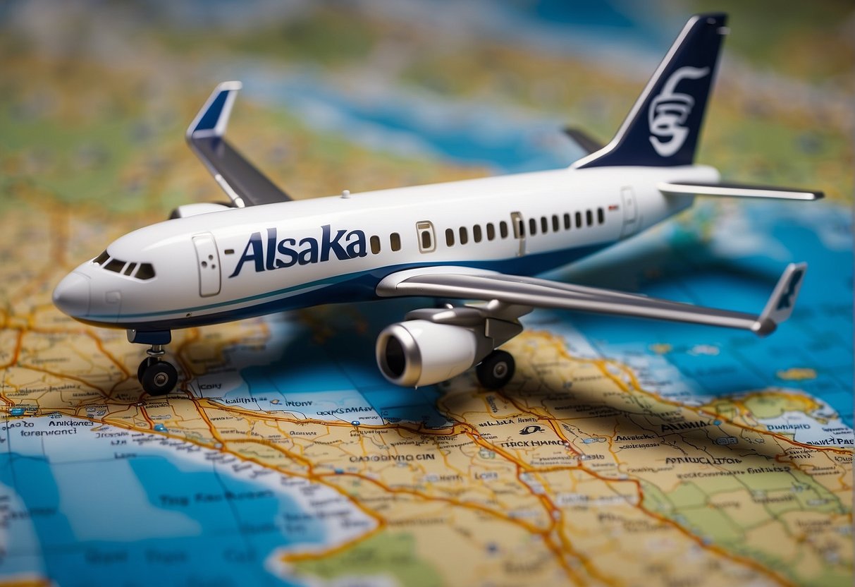 An Alaska Airlines plane flying over a map with Amex points being used to book a flight
