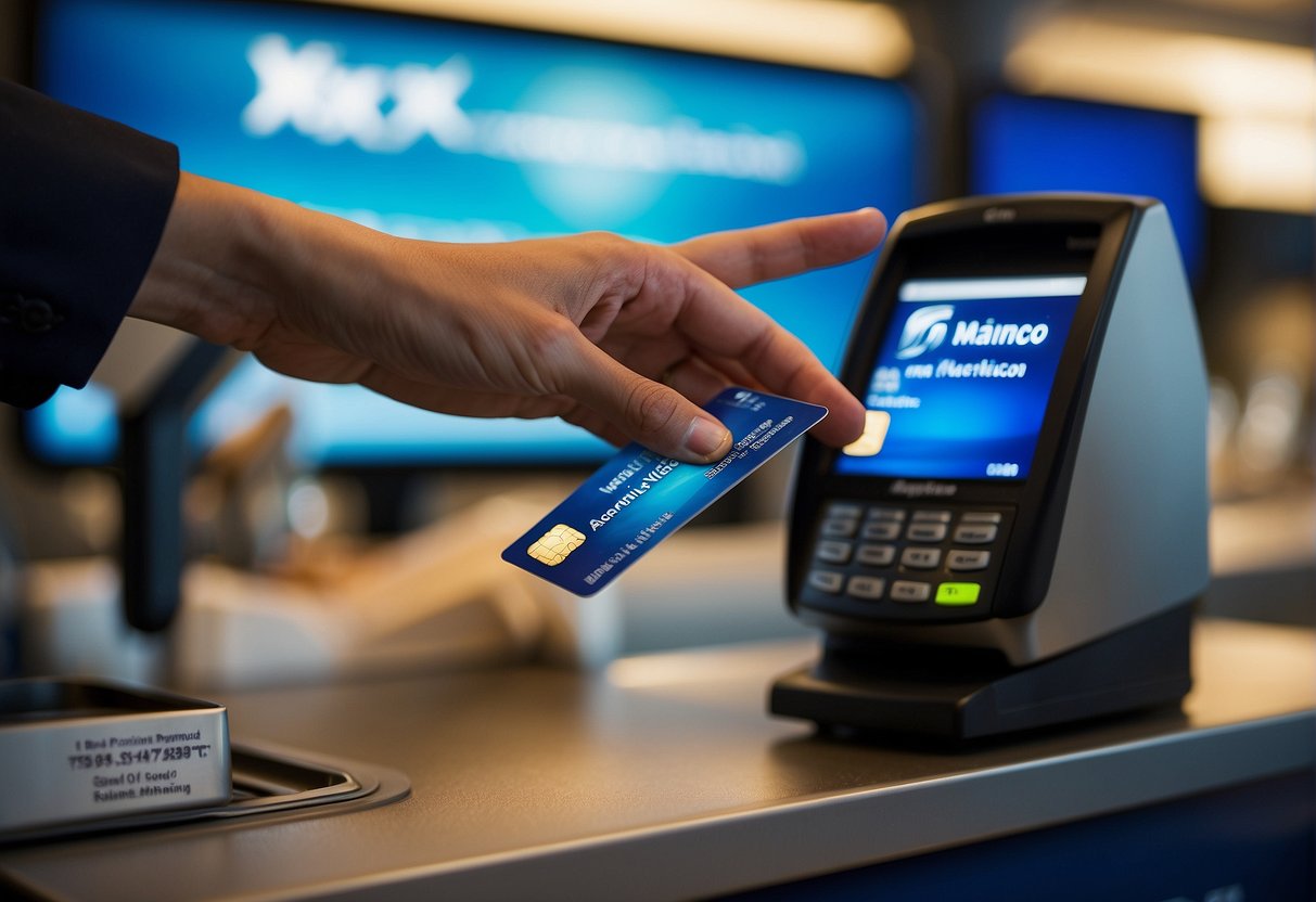 A person swiping an Amex card at an Alaska Airlines kiosk, with a plane taking off in the background and a digital display showing "Maximizing Point Redemption."