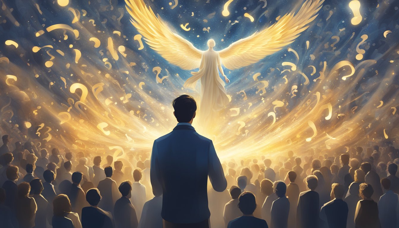 A glowing angelic figure hovers above a crowd, surrounded by swirling numbers and question marks