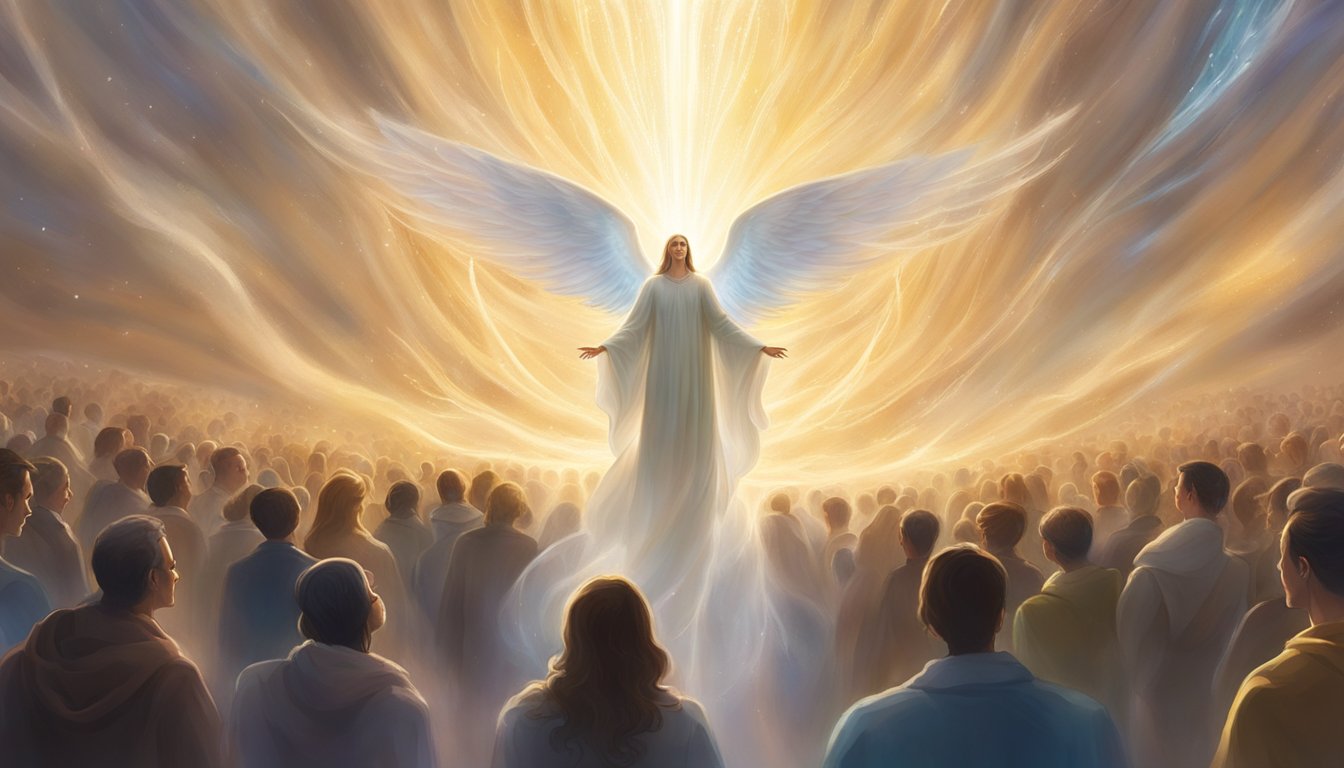 A glowing angelic figure hovers above a crowd, surrounded by swirling wisps of light and a sense of divine presence