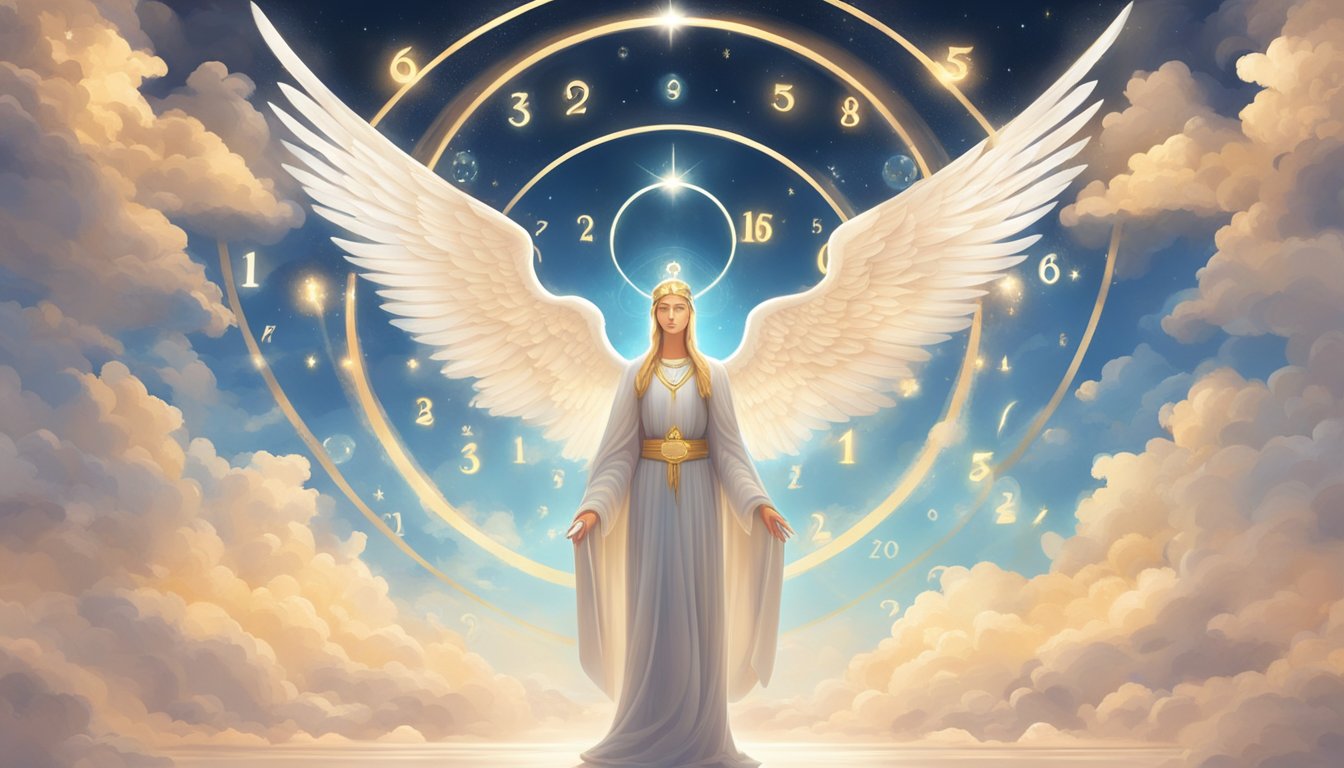 A serene angelic figure stands in a radiant glow, surrounded by floating numbers and symbols, exuding a sense of wisdom and tranquility