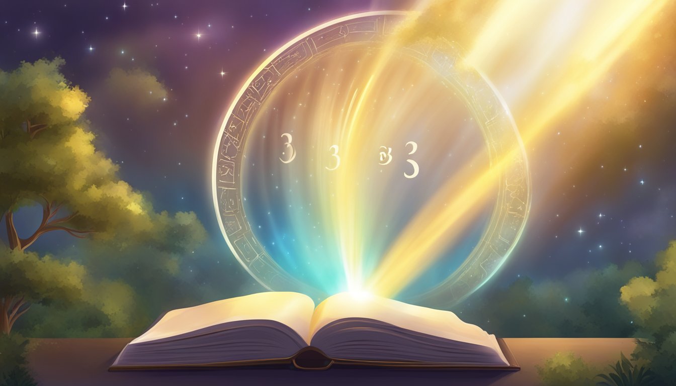 A glowing halo hovers over a book with the title "3333 Angel Number for Self-Development." Rays of light emanate from the halo, illuminating the surrounding space