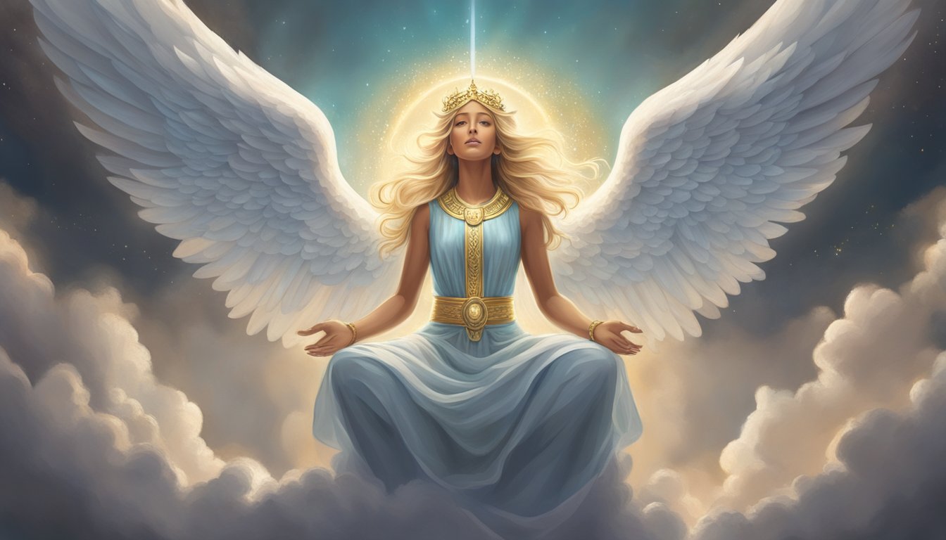 A serene angelic figure hovers above a stack of frequently asked questions, radiating a sense of wisdom and guidance