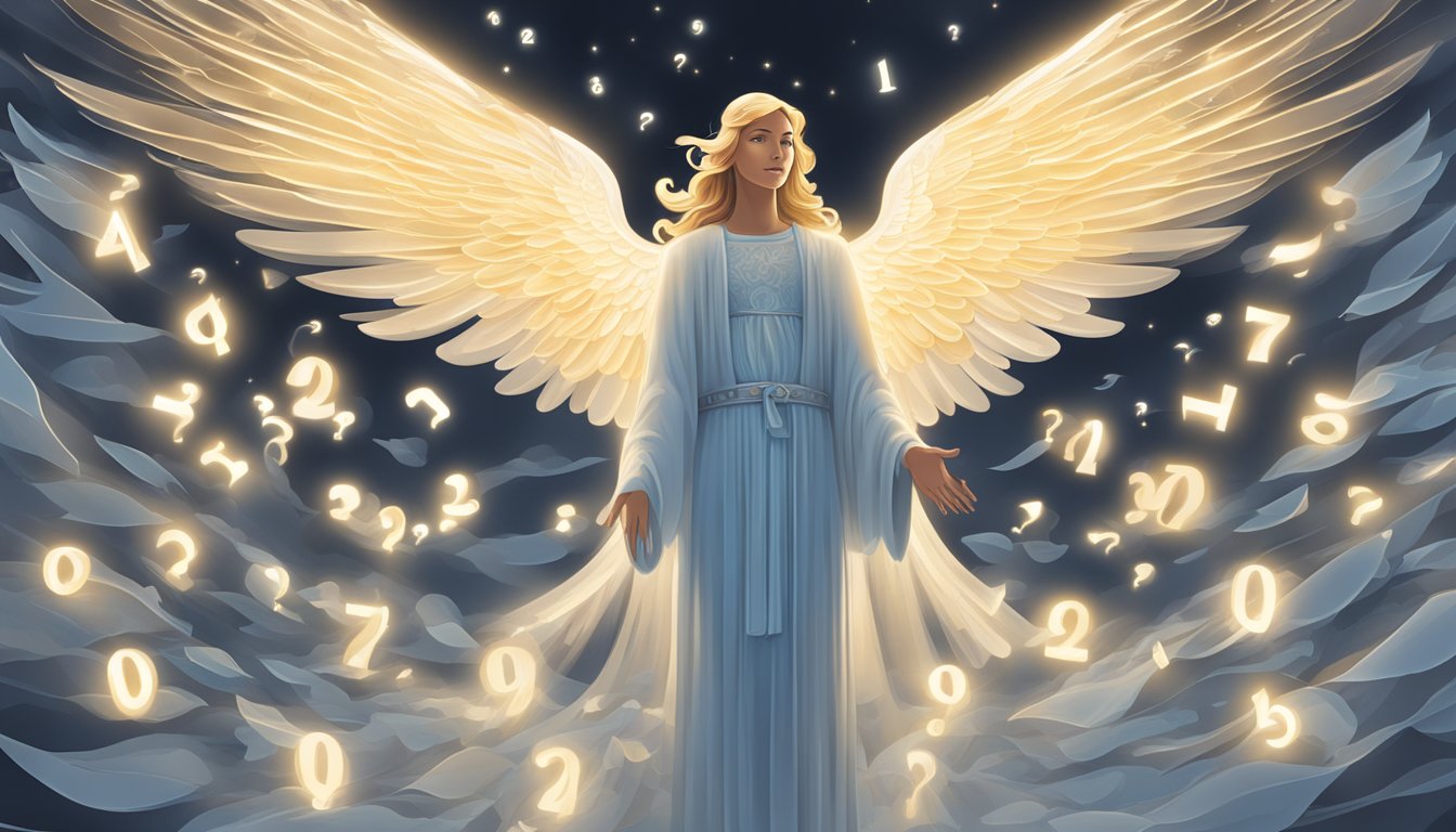 A glowing angelic figure surrounded by floating numbers and a list of frequently asked questions