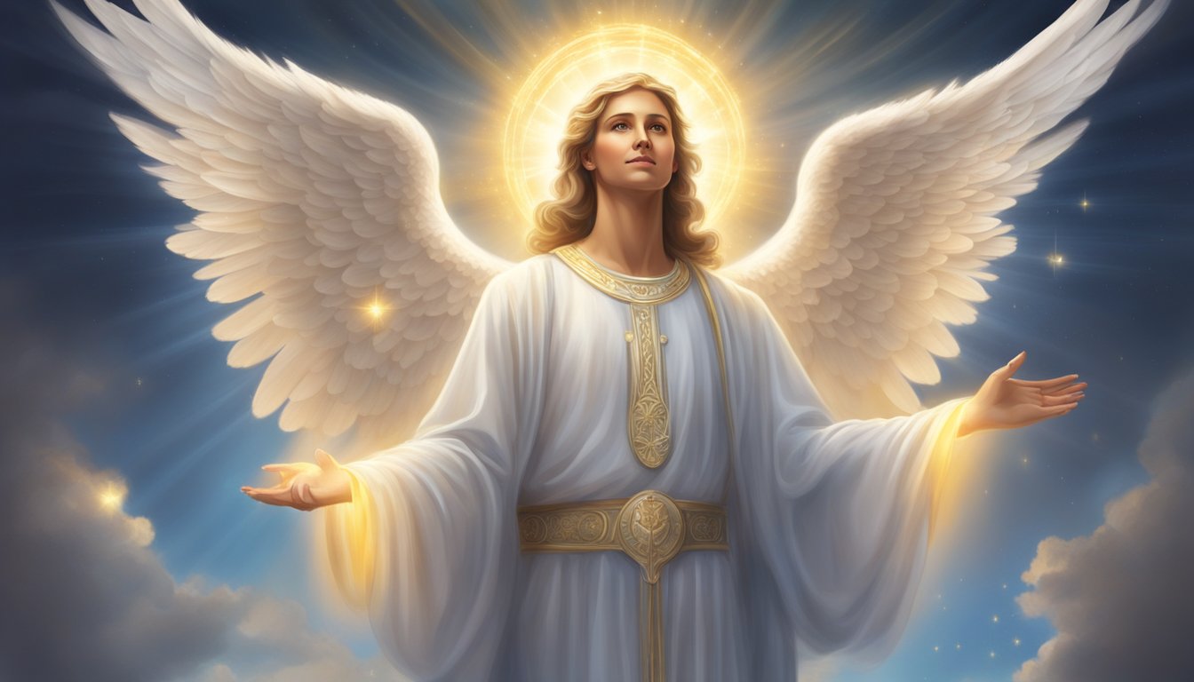 A glowing angelic figure hovers above a list of frequently asked questions, radiating a sense of wisdom and guidance