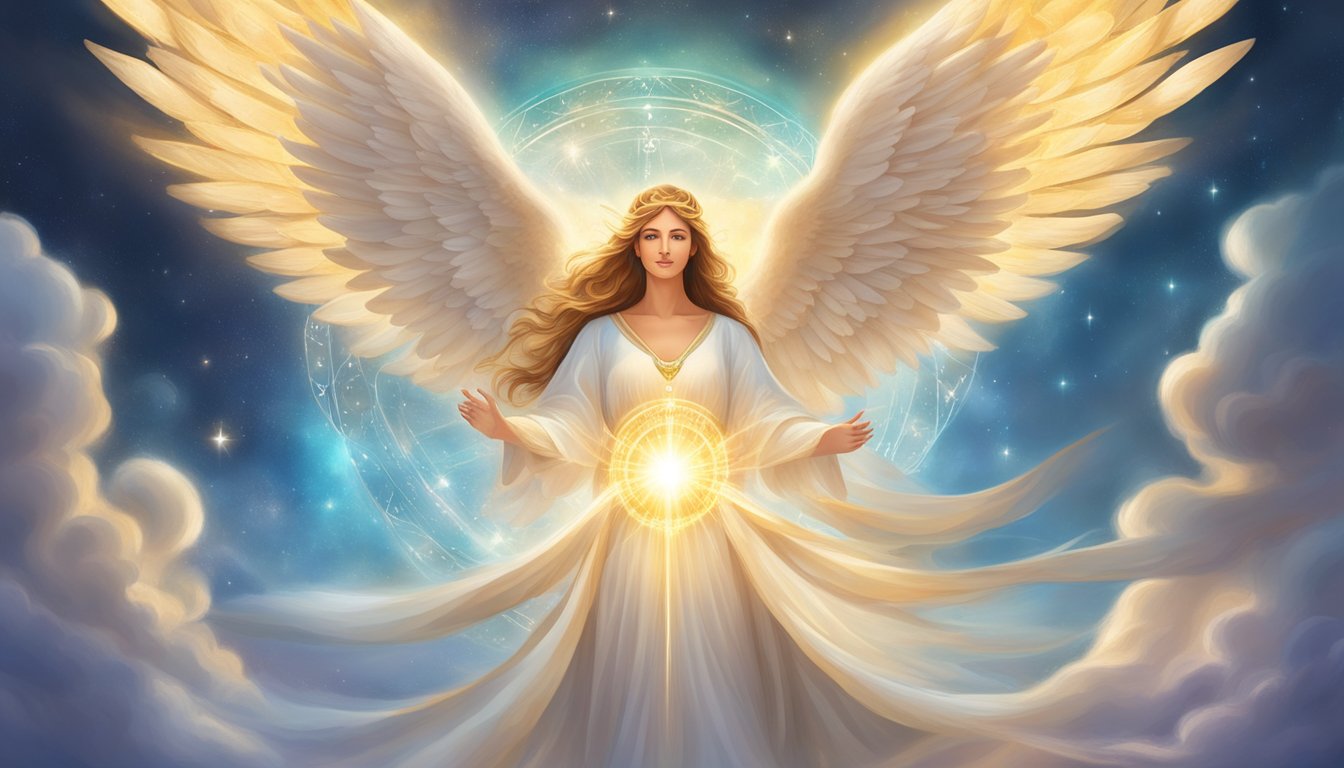 555 Angel Number's spiritual aspect: a radiant angelic figure emanating divine light and surrounded by celestial symbols