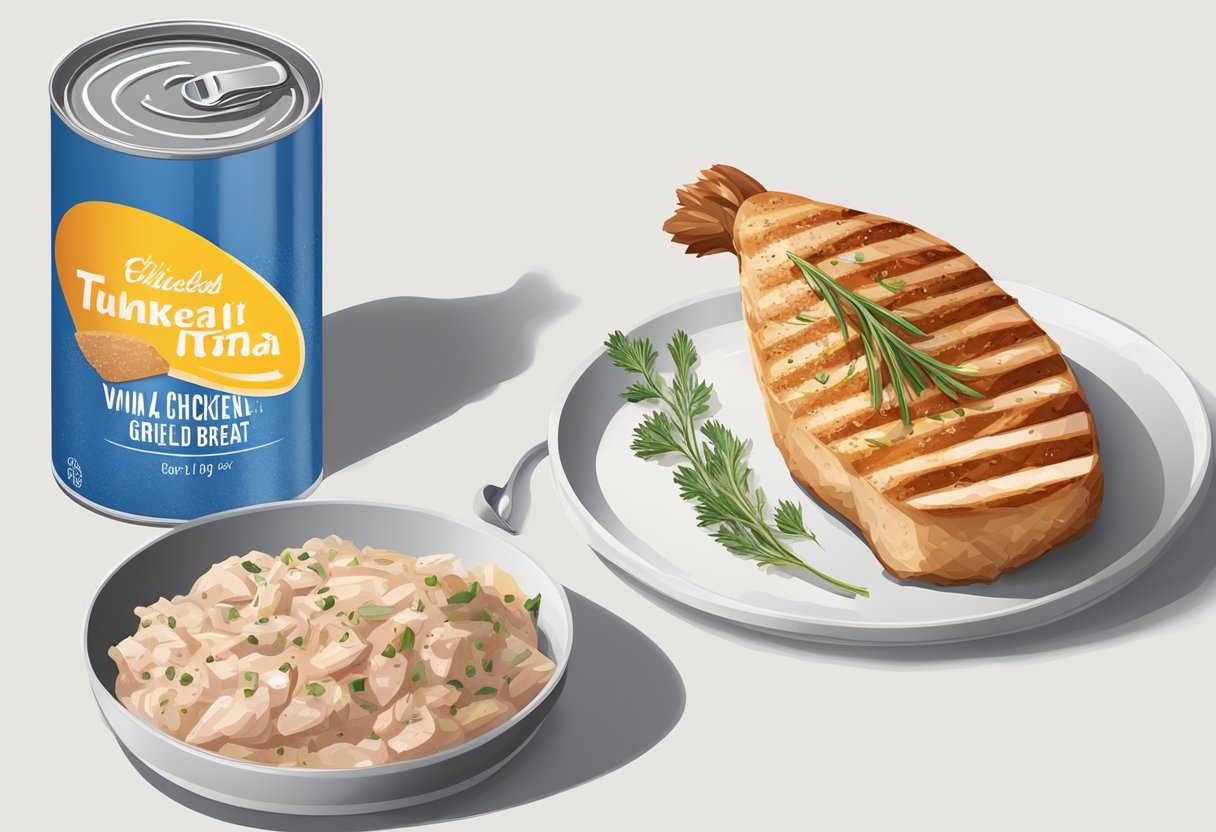 A cooked chicken breast and a can of tuna sit side by side on a clean, white surface. The chicken breast is grilled and seasoned, while the tuna is packed in water. Both are ready for comparison