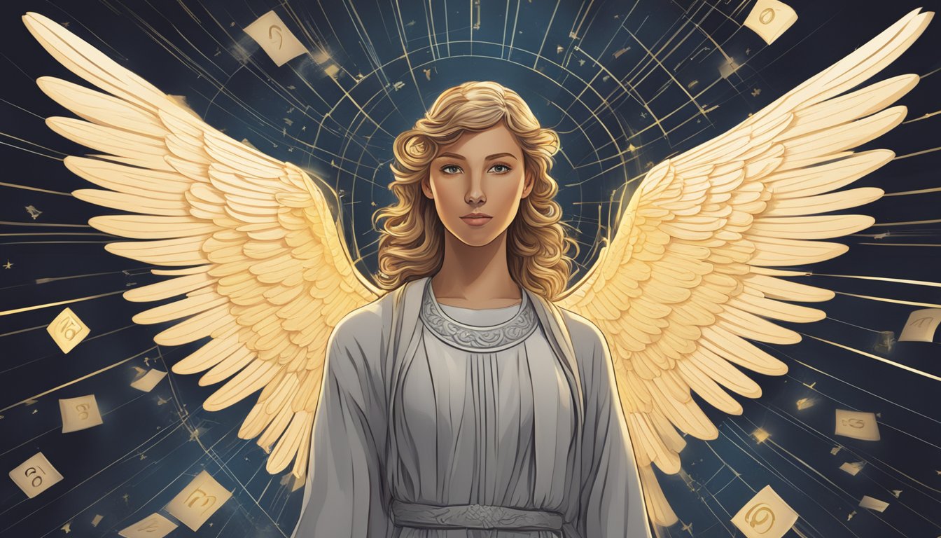 A glowing angelic figure surrounded by floating numbers and a list of frequently asked questions