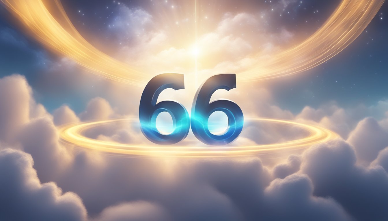 A glowing number 66 hovers above a background of swirling clouds, with beams of light radiating outwards from the center