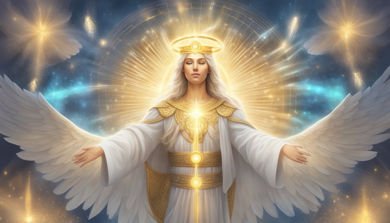 A glowing angelic figure surrounded by spiritual symbols and light, with the number 717 prominently displayed