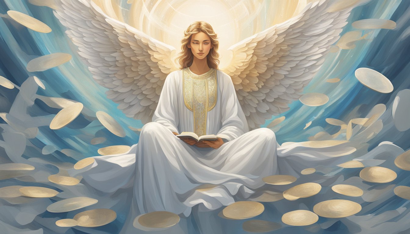 A serene angelic figure surrounded by floating numbers and a list of frequently asked questions