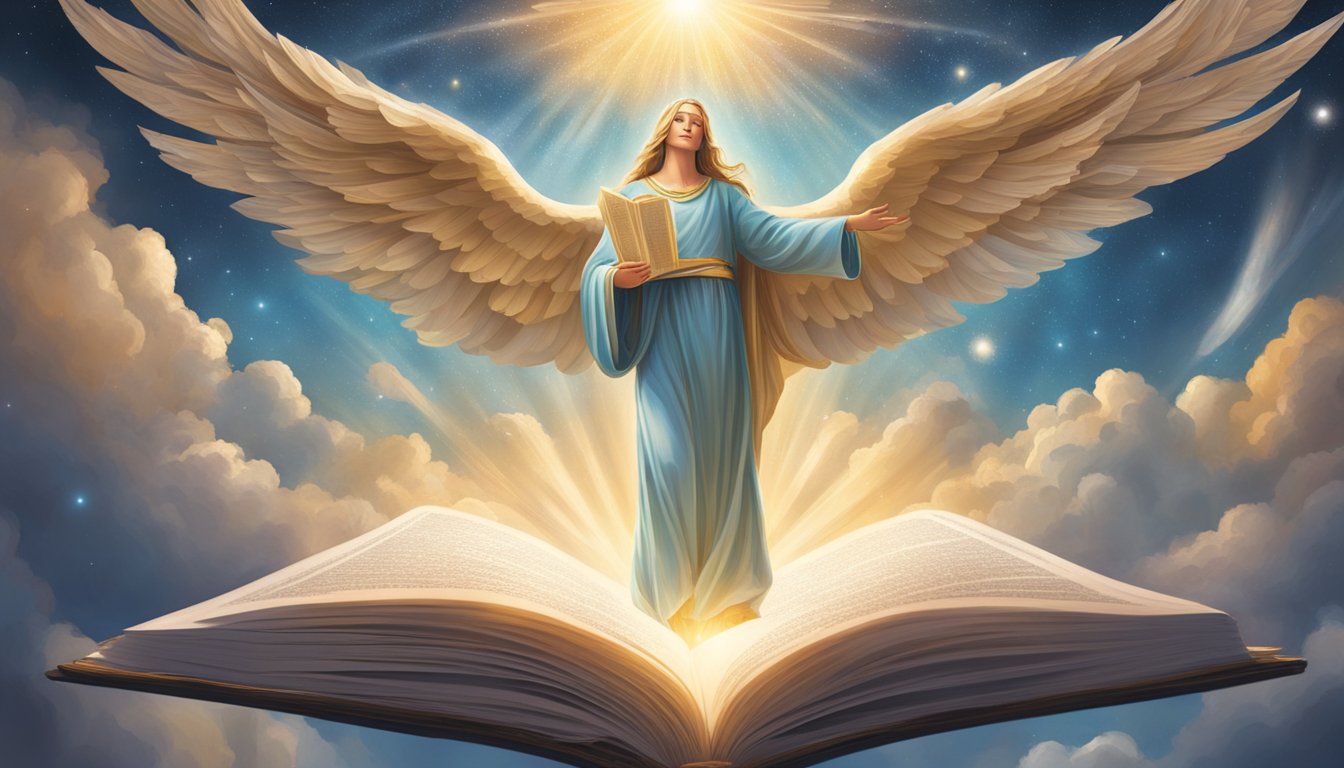 A heavenly figure hovers above a stack of FAQ documents, radiating light and wisdom.</p><p>The pages flutter in the gentle breeze, as if seeking guidance from the celestial being