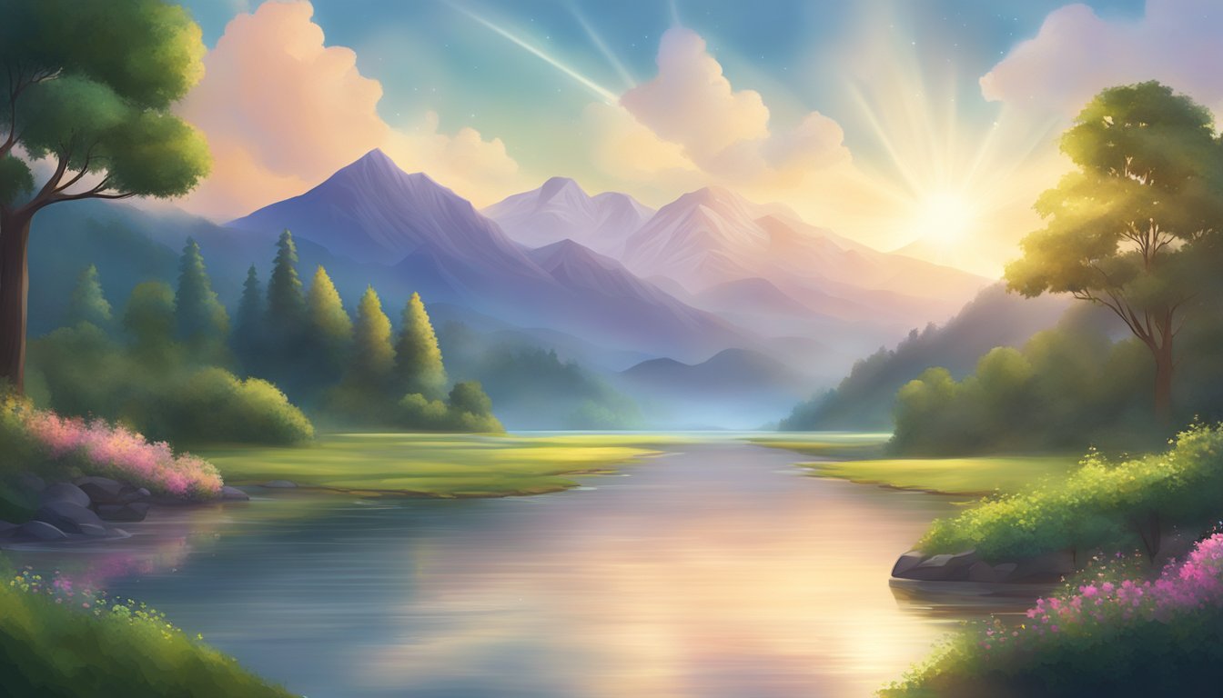 A glowing 9999 Angel Number shining above a serene landscape with mountains, a flowing river, and lush greenery