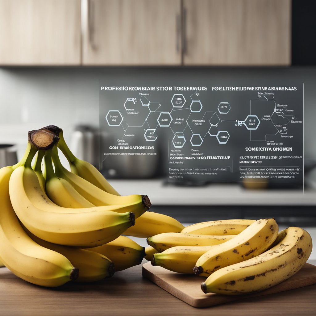 A bunch of bananas sits on a kitchen counter next to a testosterone hormone molecule diagram