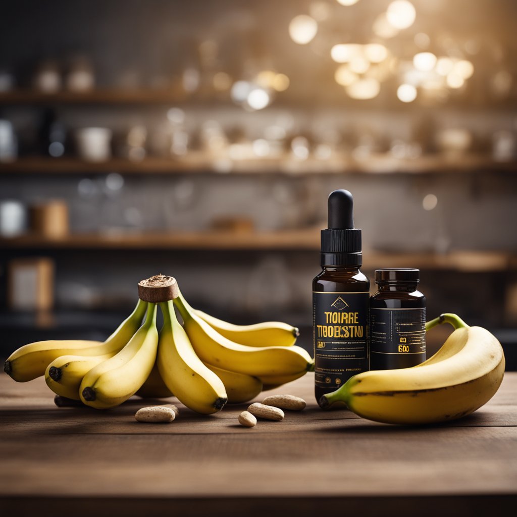 A bunch of ripe bananas sitting on a wooden table, with a testosterone molecule model placed next to them