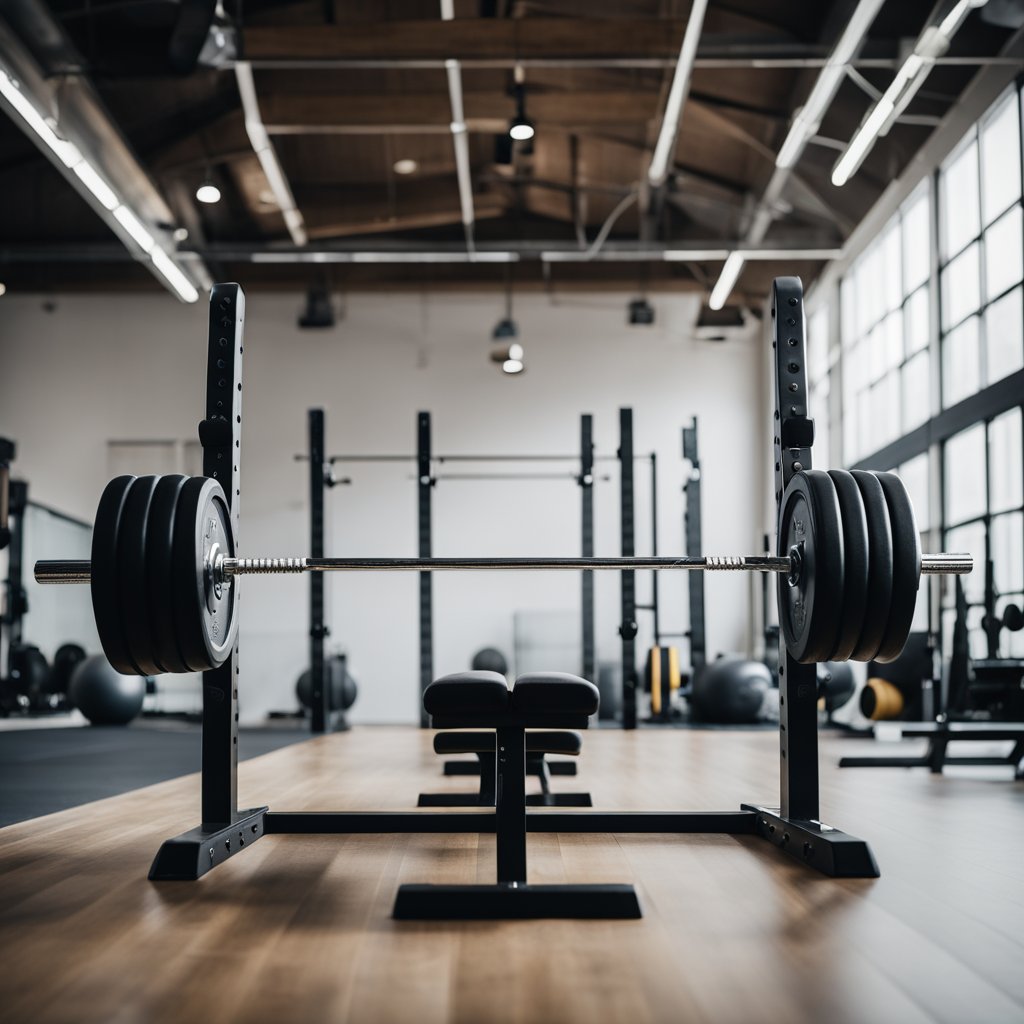 A weightlifting bar with plates, a bench press, and a dumbbell in a gym setting