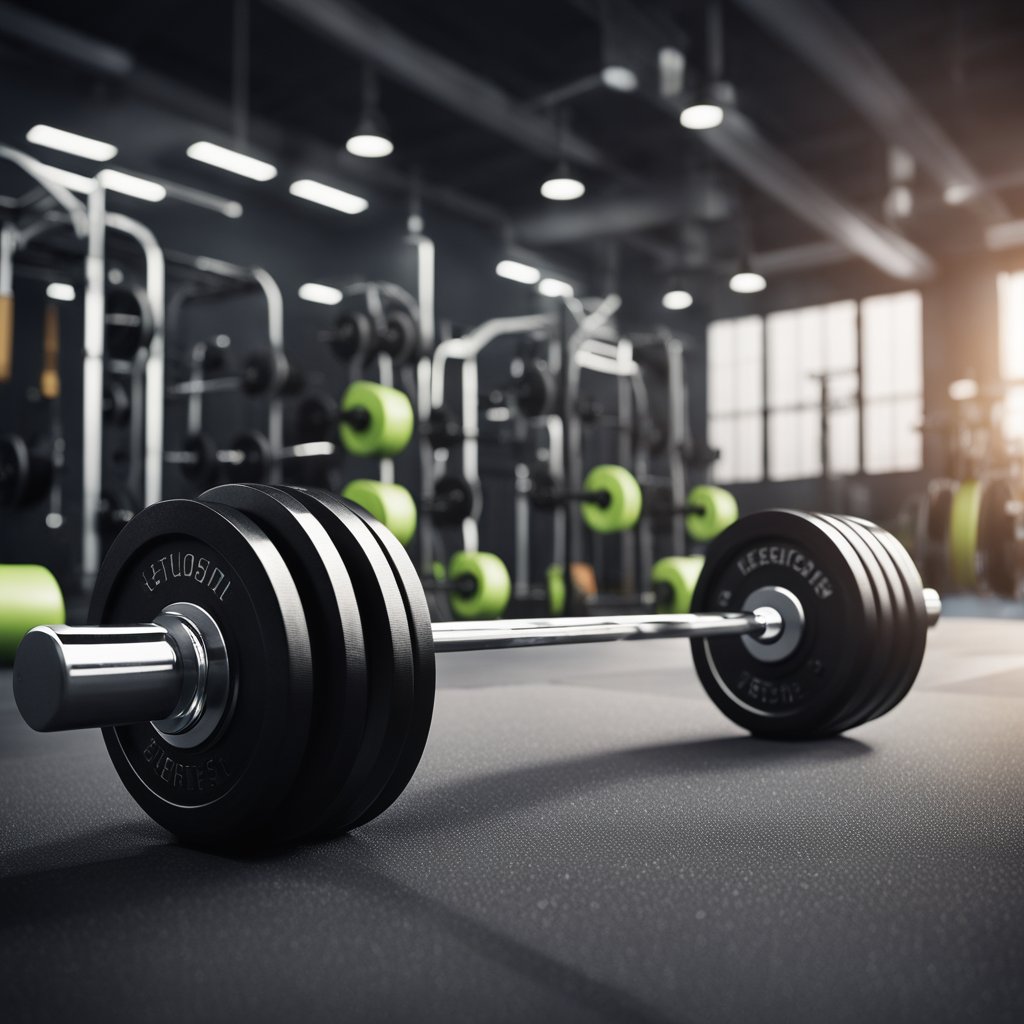 A weightlifting barbell surrounded by exercise equipment, with a testosterone molecule diagram in the background