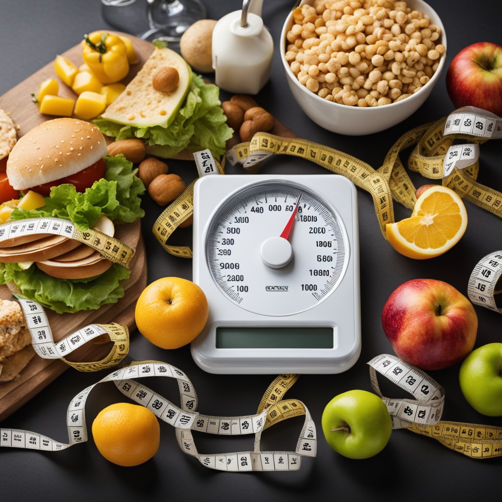 A scale displaying decreasing numbers, a tape measure wrapping around a shrinking waist, and a stack of healthy food next to a discarded pile of junk food