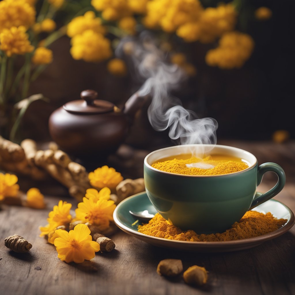 A steaming cup of turmeric tea sits on a table, surrounded by vibrant yellow turmeric roots and blooming flowers, symbolizing relief and rejuvenation during menopause