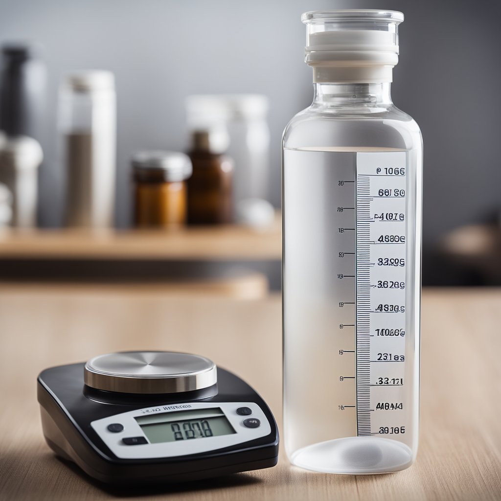 A bottle of progesterone sits next to a scale, with the scale showing an increase in weight
