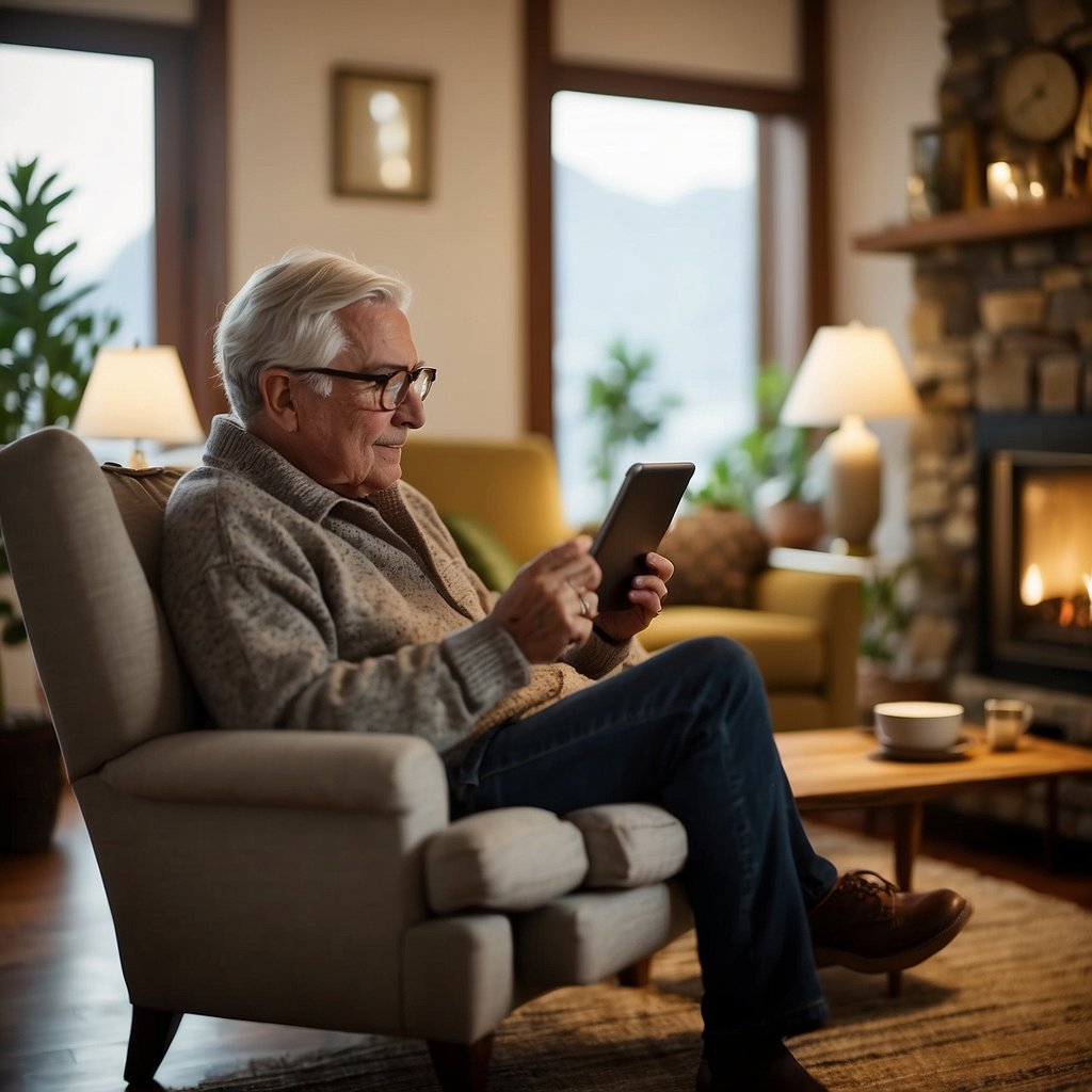 A cozy living room with a senior sitting in a comfortable chair, reading a blog on a tablet. The room is filled with warm, inviting decor and soft lighting, creating a peaceful and welcoming atmosphere