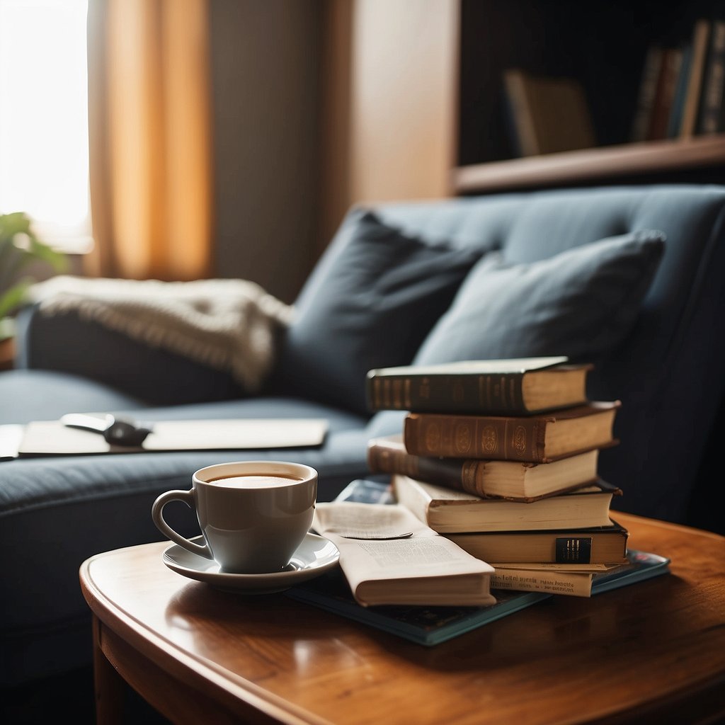 A cozy living room with a comfortable armchair, a warm blanket, and a stack of books on a side table. A cup of tea sits on a coaster, next to a pair of reading glasses